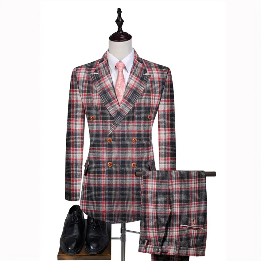 Wool Plaid Wedding Suit 2 Buttons Groom Tuxedos Double Breasted Tweed Suits Man Suit (Jacket+pants)