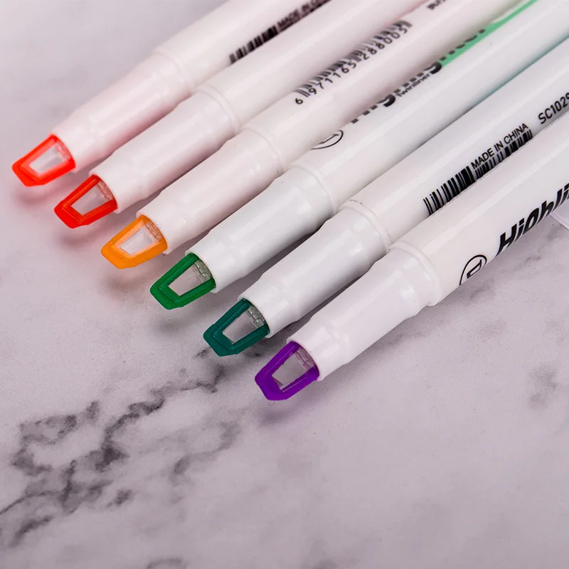 6 Farben/Set Einzigartiger Textmarker mit Fensterspitze, Doppelkopf, Pastellfarbe, Mittellinien-Textmarker, Marker, Schule, Schreibwaren – Detail 5