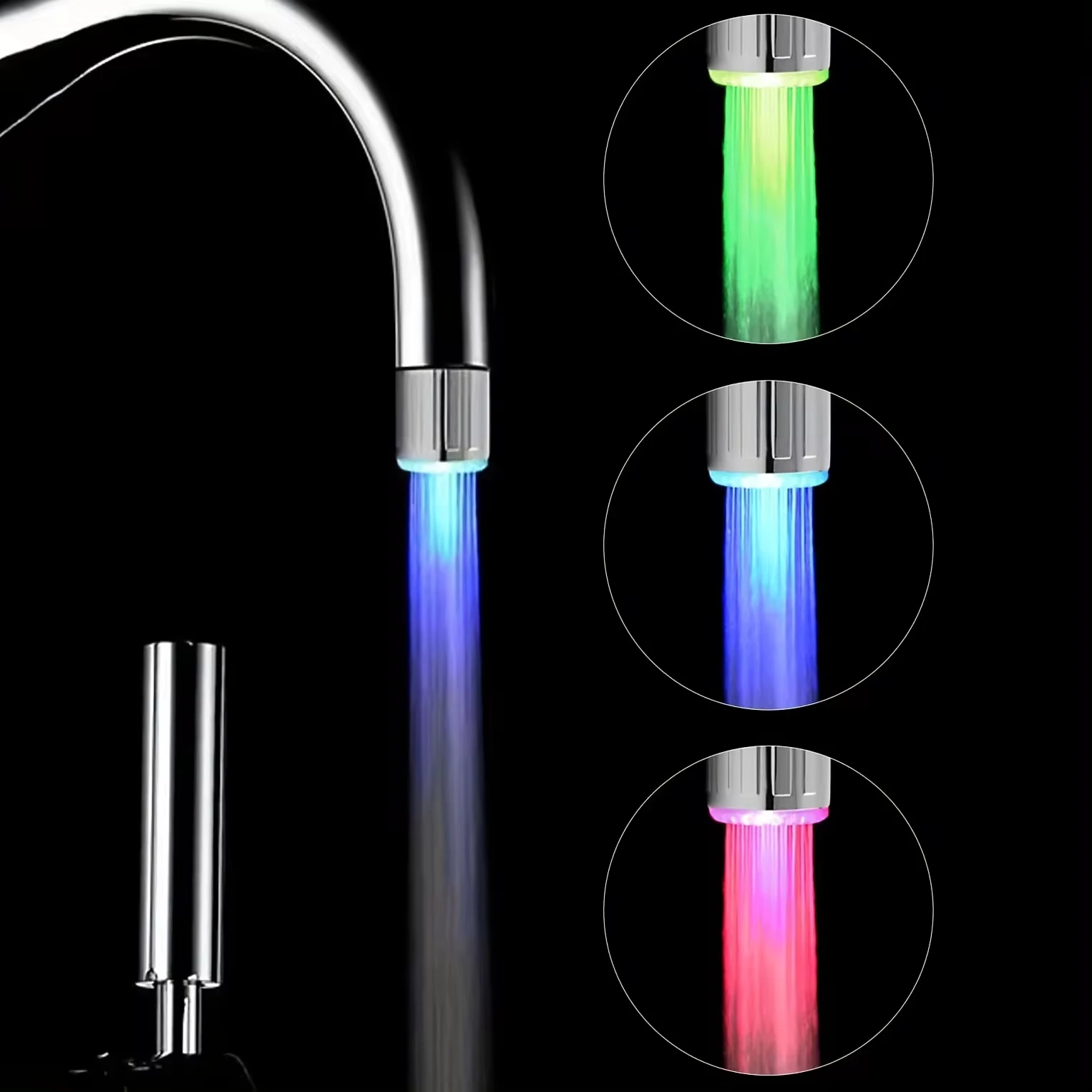 3 Color LED Light-up Temperature Faucet Bathroom Kitchen Glow Nozzle Shower Water Saving Faucet Nozzle Head with Converter
