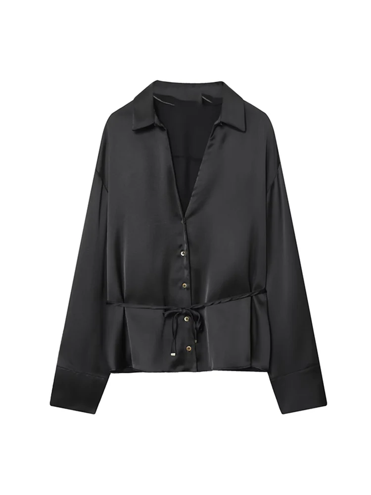 Women Elegant Solid Tops Blouses New Fashion  Office Lady Lapel Long Sleeve Slim Waist Belt Lace-Up Female Simple Style Shirts