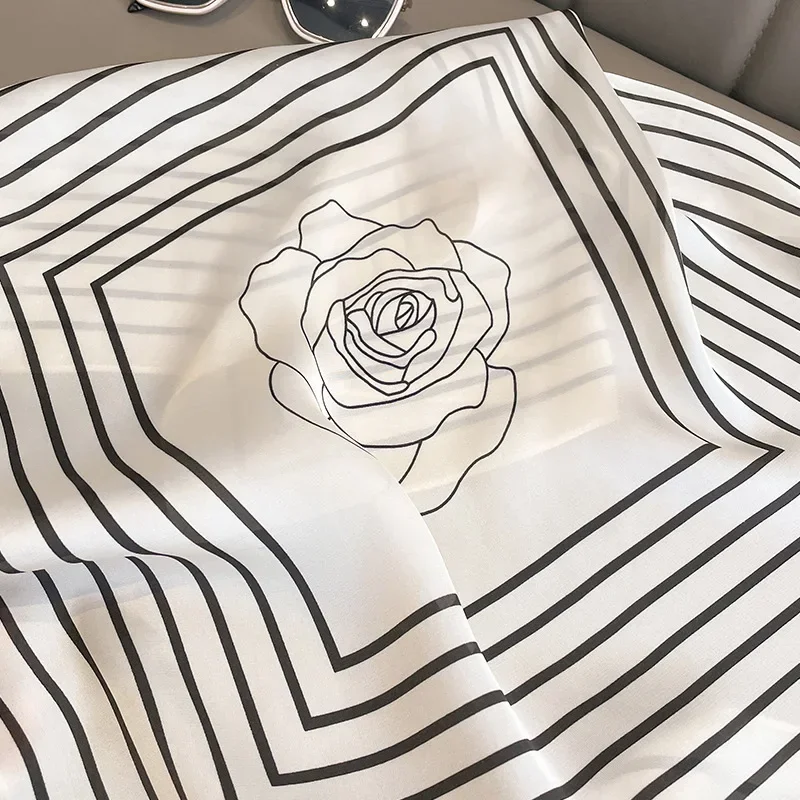 Luxury Stripe Print Silk Square Scarf Women Floral Soft Satin Hairband Kerchief Neckerchief Hijab Headband Foulard Bag Ribbons 5