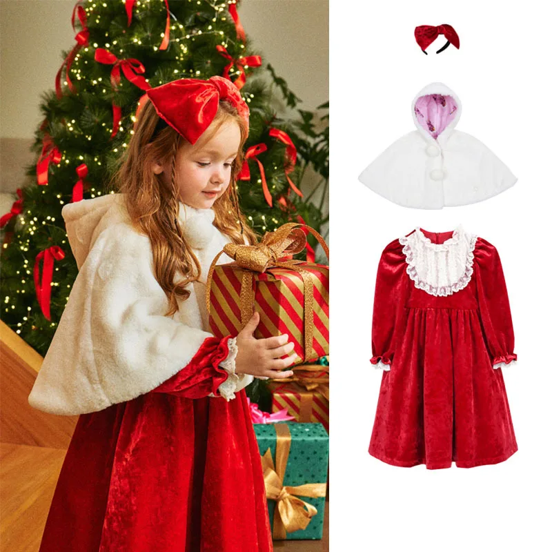 

Spot BEBEBEBE 2023 autumn and winter girl Christmas Princess padded cloak velvet dress skirt suit