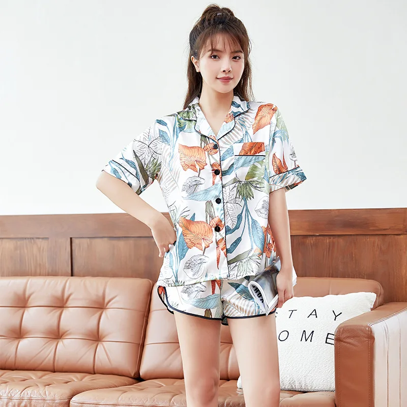 Women's Pajamas Print Pattern Sleepwear Home Furnishing Three Piece Set of Cardigan Top and Pants Thin Imitation Silk Home Suit