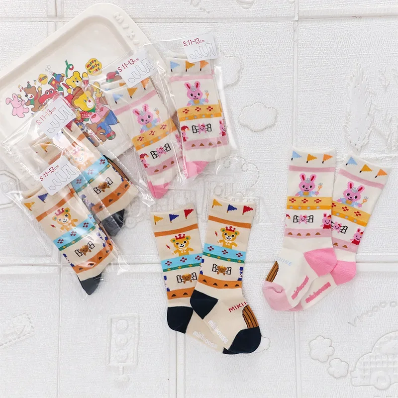 

Kids Socks Japanese Style Cartoon Cute Little Bear Bunny Embroidery Color Block Medium Tube Baby Socks