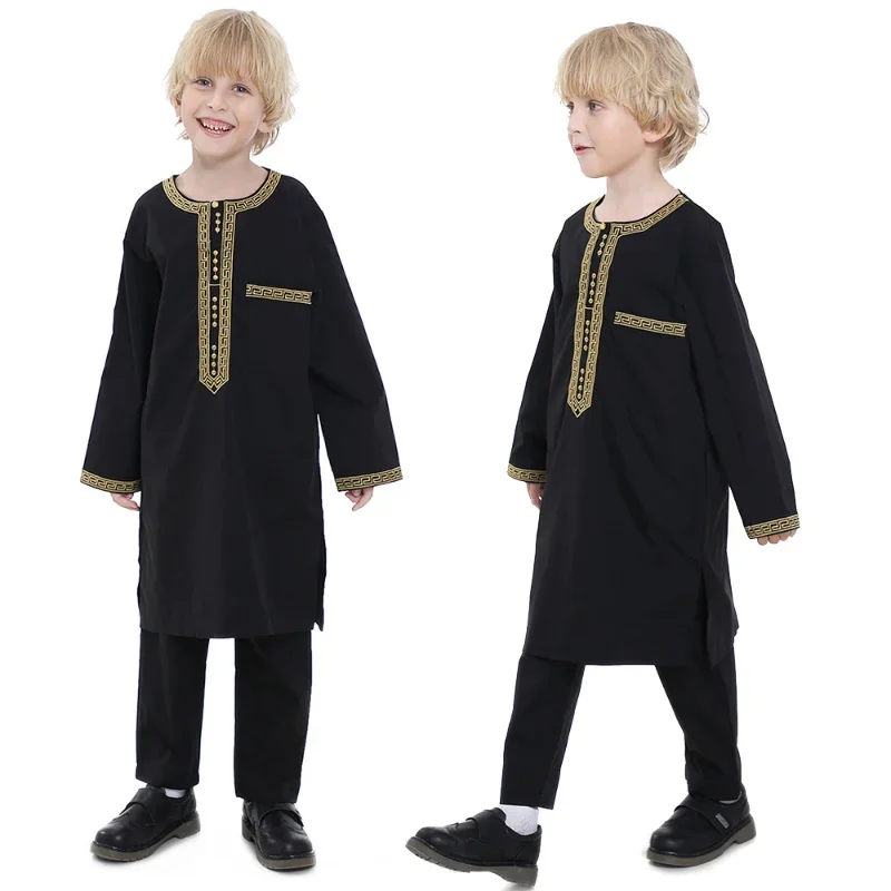 이슬람 어린이 가운 2 조각 세트 어린이 소년 라운드 넥 긴 소매 인쇄 드레스 셔츠 Abaya Kaftan Jubba Thobe 이슬람 의류