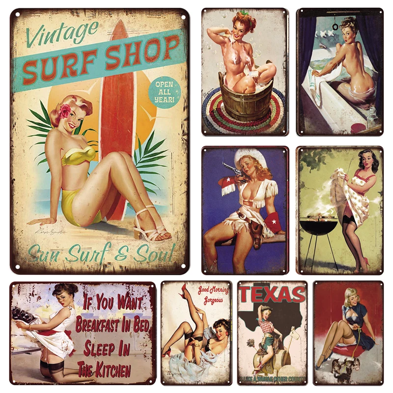 

Sexy Girl Vintage Tin Sign Plaque Metal Pin Up Retro Poster Plate Stickers Wall Decor Bar Pub Club Man Cave Retro Art Painting