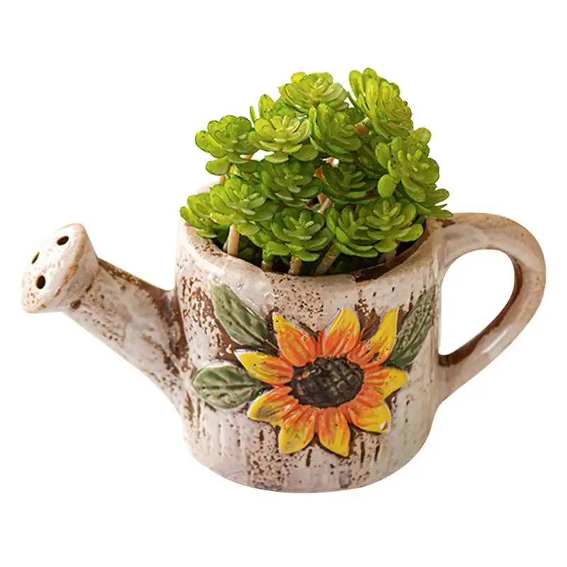 

Hand-Painted Sunflower Round Shallow Planter For Indoor Plants Vase Ceramic Succulent Pot Botanical Touch Garden Decoration