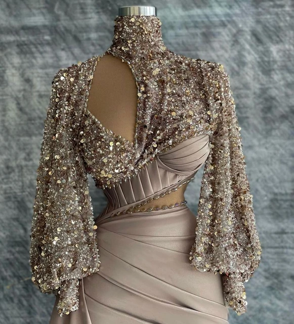 Robe de Soirée à Paillettes pour Femme, Tenue de Bal Moderne, Couleur  Chair, Col Haut, Manches