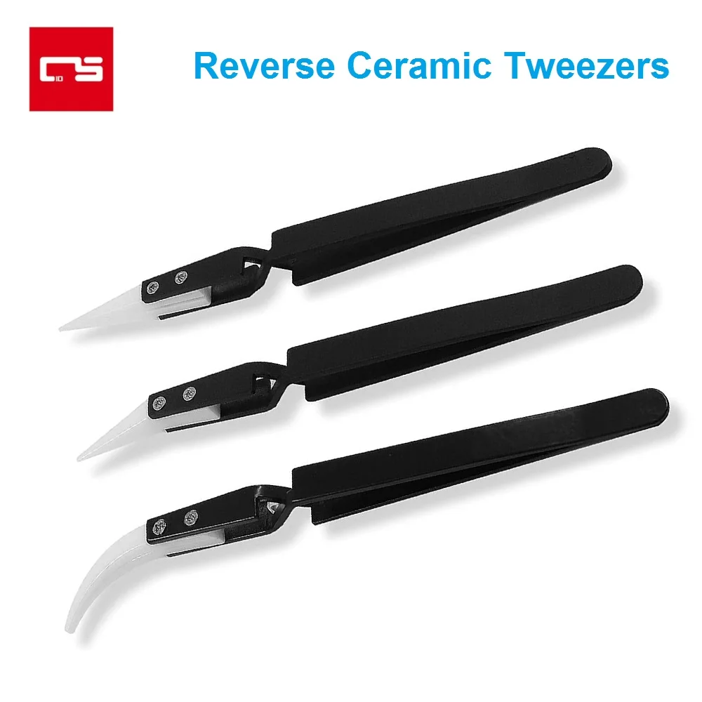 Reverse Tweezers Precision Pointed & Curved Tips Ceramic Tweezer Non-Conductive Heat Resistant Anti-Magnetic Soldering Tools