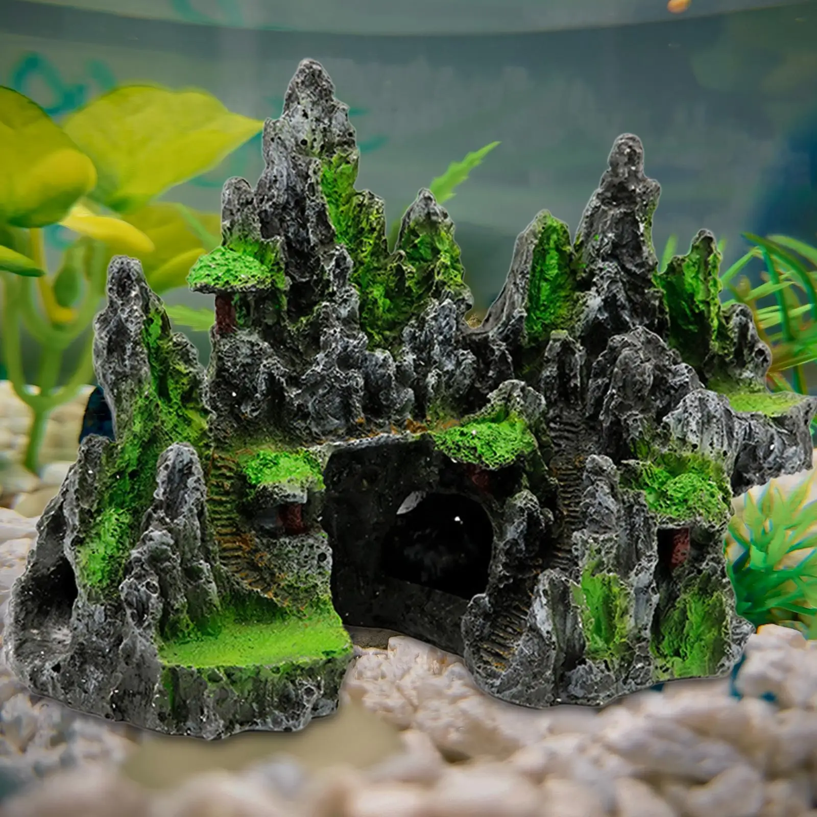 Artificial Mountain Aquarium Ornament Green Resin Rockery Fish Tank Decor Hideaway Cave Stone for Aquarium Accessories
