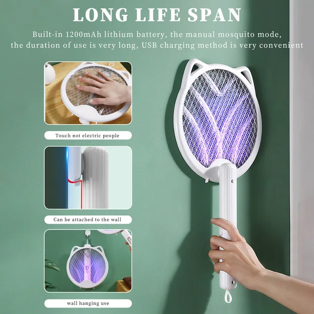 Összecsukható Elektromos Szúnyog Swatter Macska Fülek 1200Mah Szúnyoggyilkos Lámpa Kézi Usb Újratölthető Kártevőirtás Beltéri - Image 2