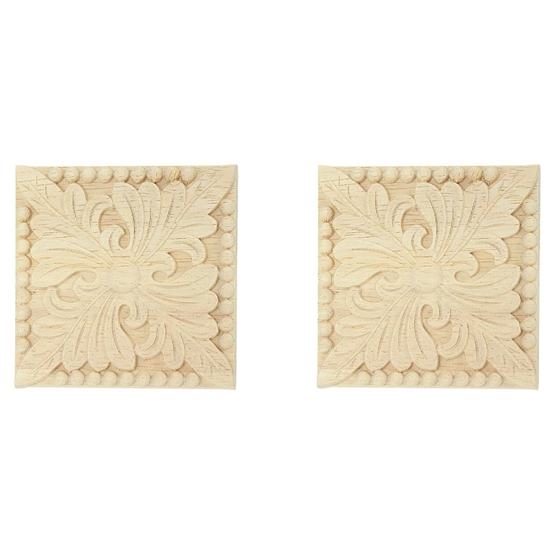 

2X Natural Wood Appliques Square Flower Carving Decals Decorative Wooden Mouldings 10X10cm