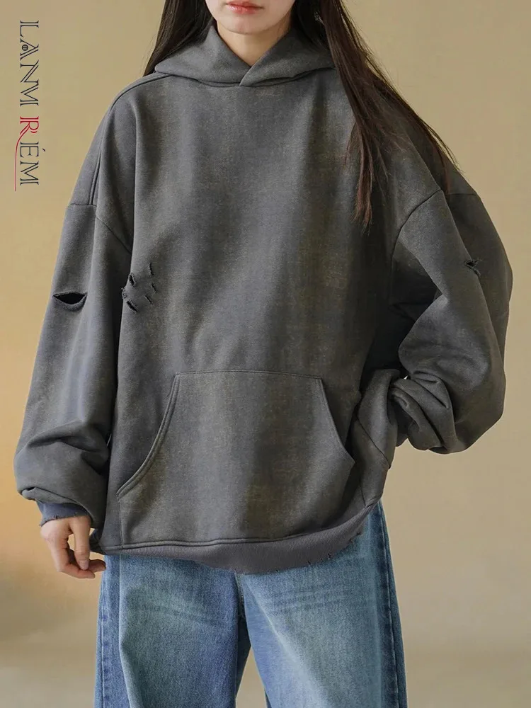 

[LANMREM] Fashion Designer Hole Vintage Sweatshirt For Women 2024 Spring New Solid Hooded Streetwear Loose Female Tops 26D8033
