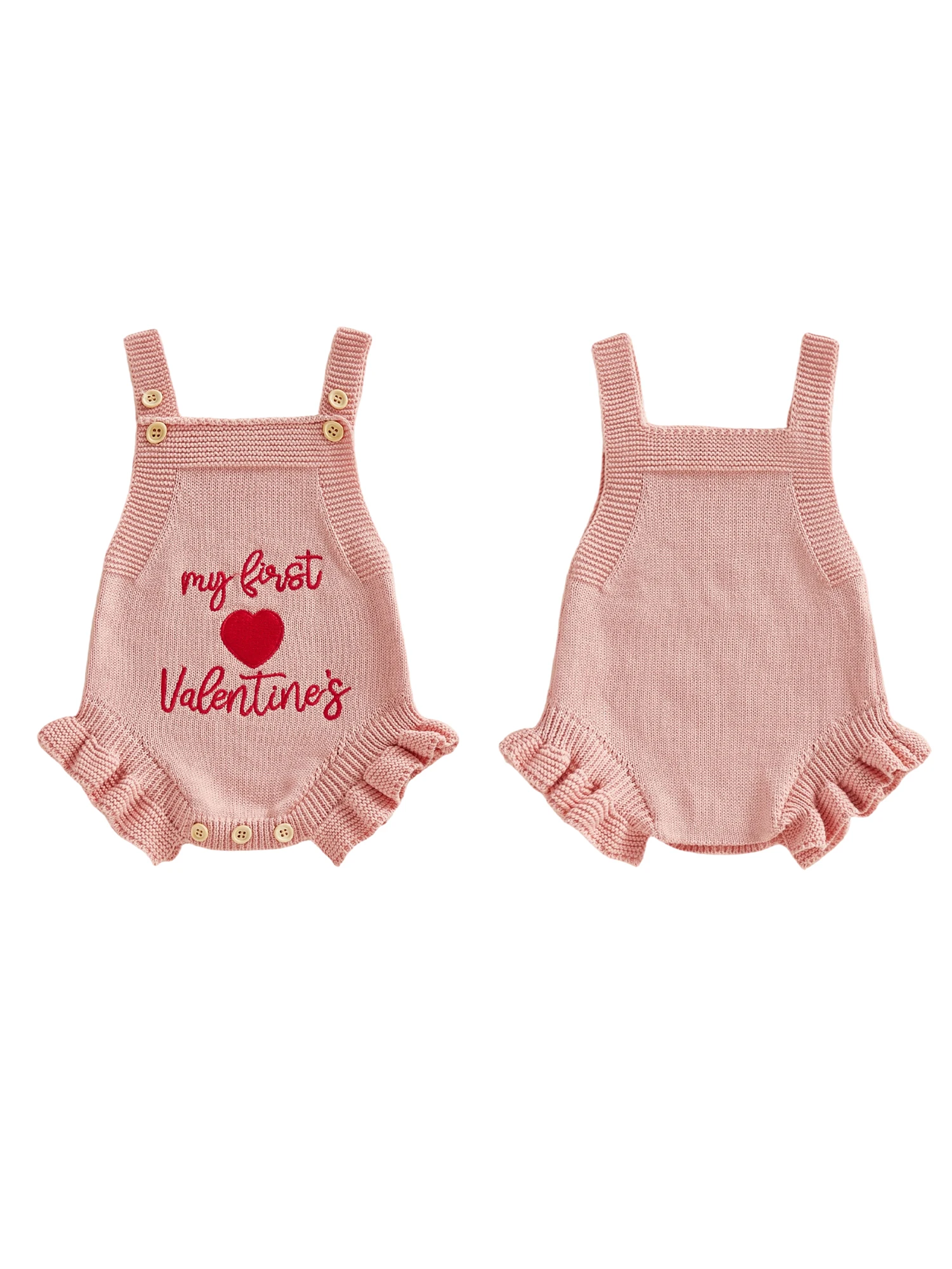 Baby-Mädchen-Valentinstag-Strampler, ärmellos, quadratischer Ausschnitt, Herz-Stickerei, Body, Strick-Overall für Neugeborene – Detail 5