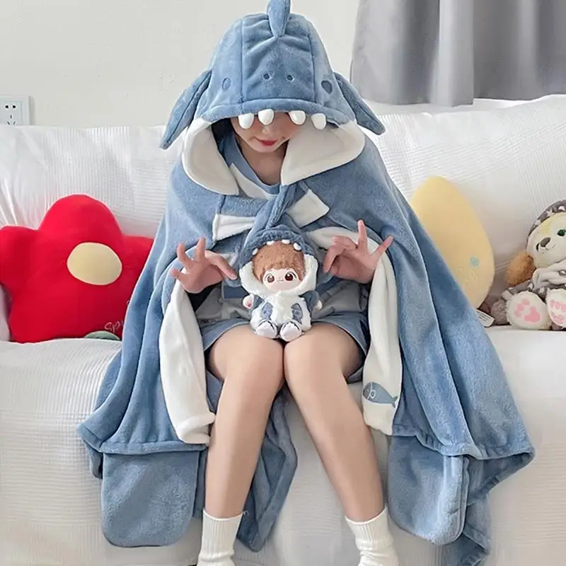 Cartoon Shark Coperta Soft Cozy Shark Scialle Cape Mantello Indossabile Con Cappuccio Scialle Coperta Per Pisolino Pigiama Per Bambini Coperta Inverna