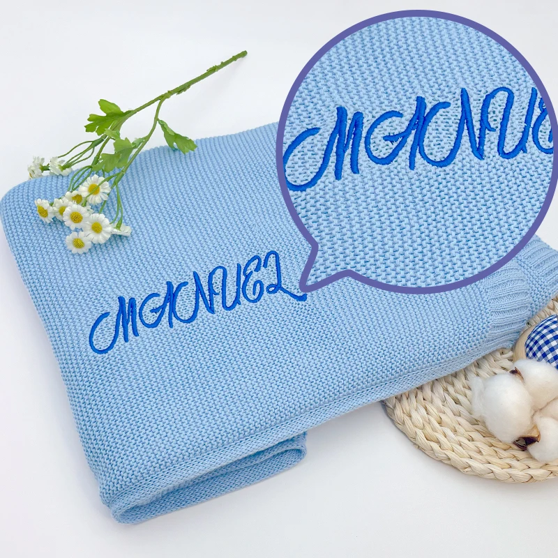 Baby Blanket Embroidered Name Knitted Blanket Stroller Cover Kids Cotton Nap Blanket Newborn Shower Gifts