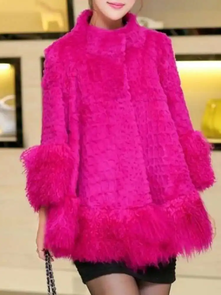 LGRQ Causal Whole Rabbit Fur Furs Tassel Spliced Solid Color Single Breasted High Collar Warm Women's Coat 2025 Winter New 19D46