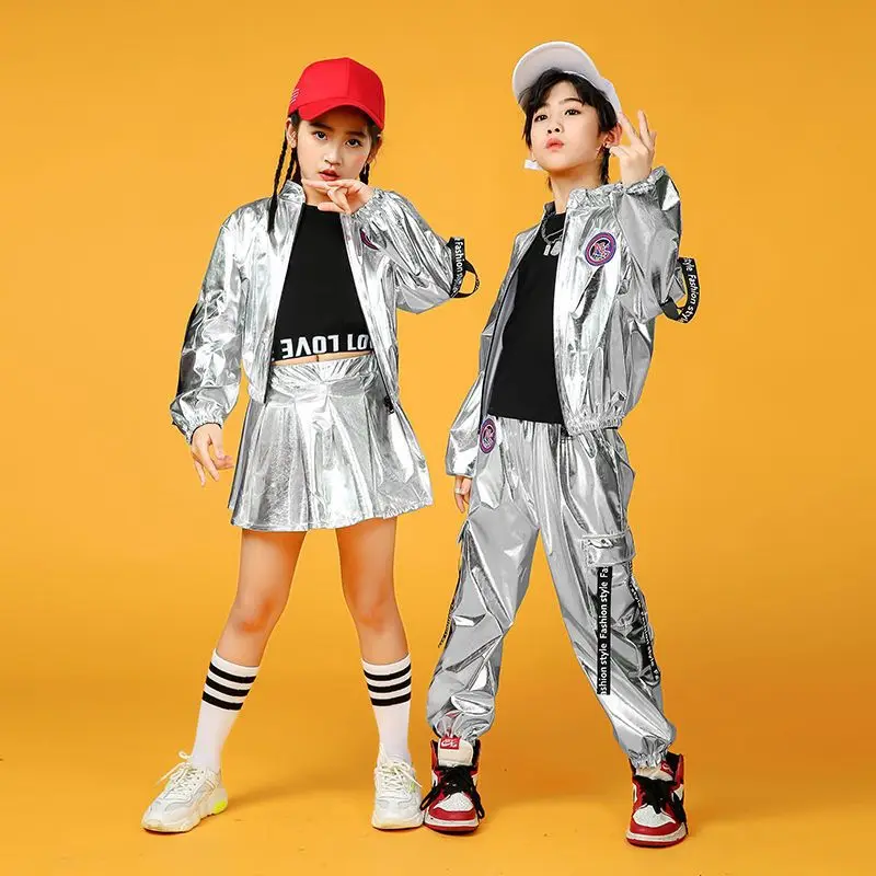 Silver Suit Girls Boys Ballroom Jazz Dance Costumes Hip Hop Shirt Skirt Pants Stage Outfits Kids Dancing Clothes for Child Dance