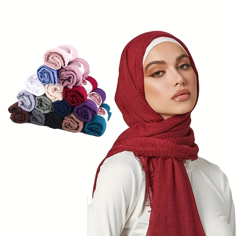 

Breathable Cotton Linen Hijab Scarf Bubble Raw Hem Head Wrap Solid Color Lightweight Scarf For Women