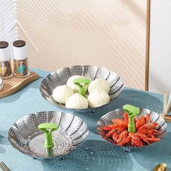1pc Steamer Basket Stainless Steel Vegetable Steamer Basket Folding Steamer for Veggie Fish Seafood Fruit Food Cooking Cookware