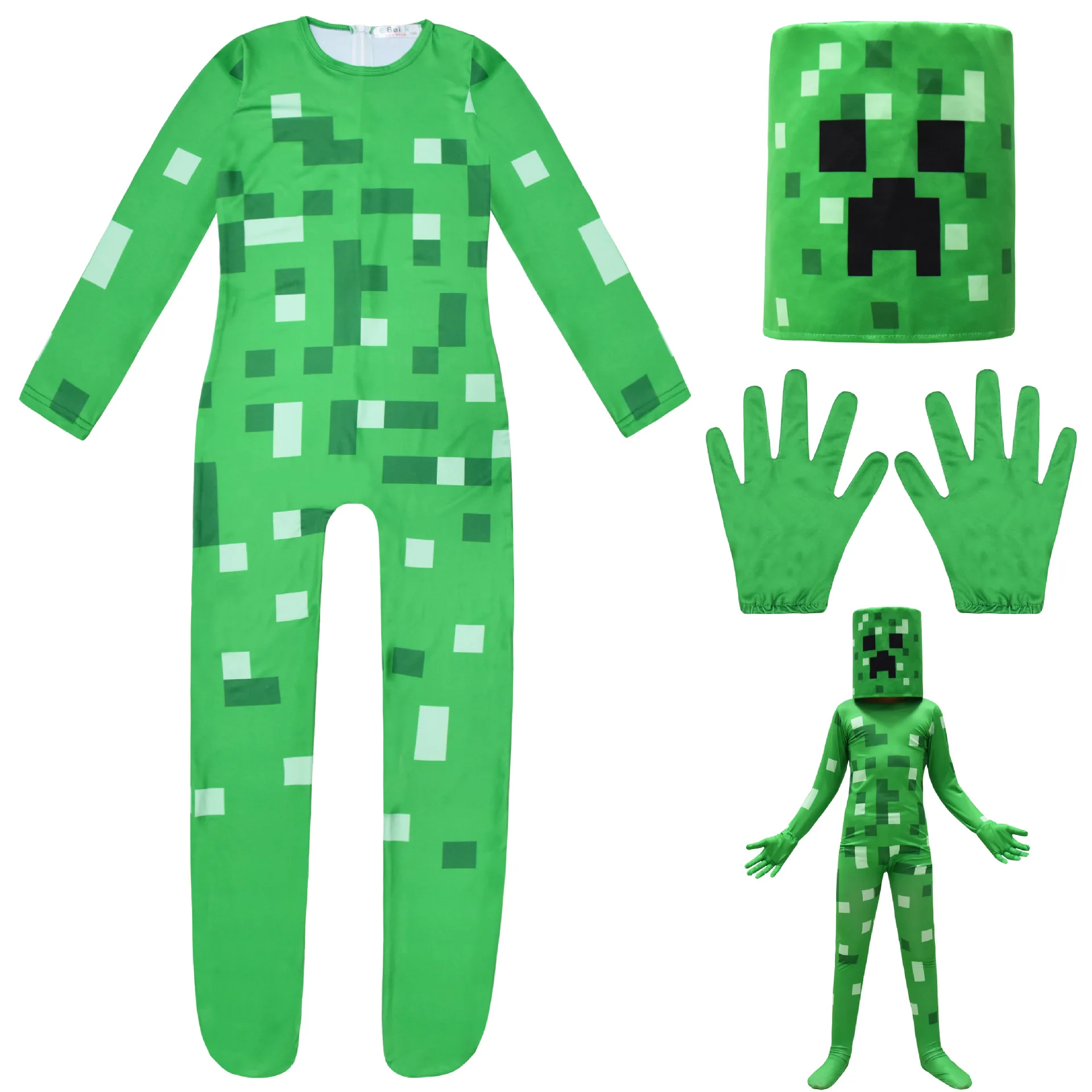 MC Game Theme Cosplay Character Classical Suit Costume Grey Green Halloween Kid with Headgear