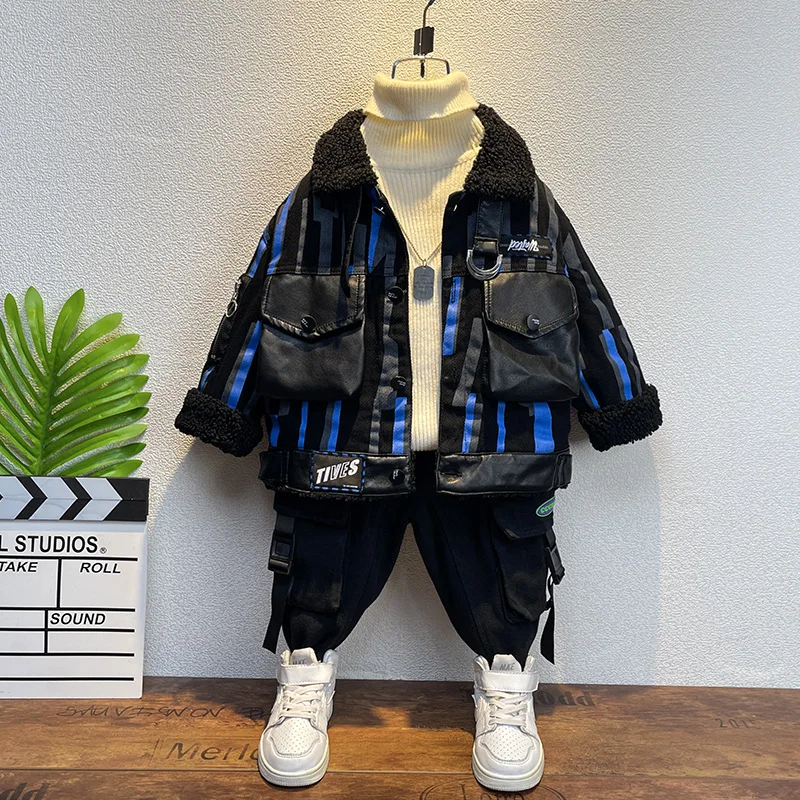 

Kids Coat England Style Baby Boy clothes Warm Fur Patchwork Jackets Plush Inside Thick Cotton Outerwear Winter Fleece Overcoat