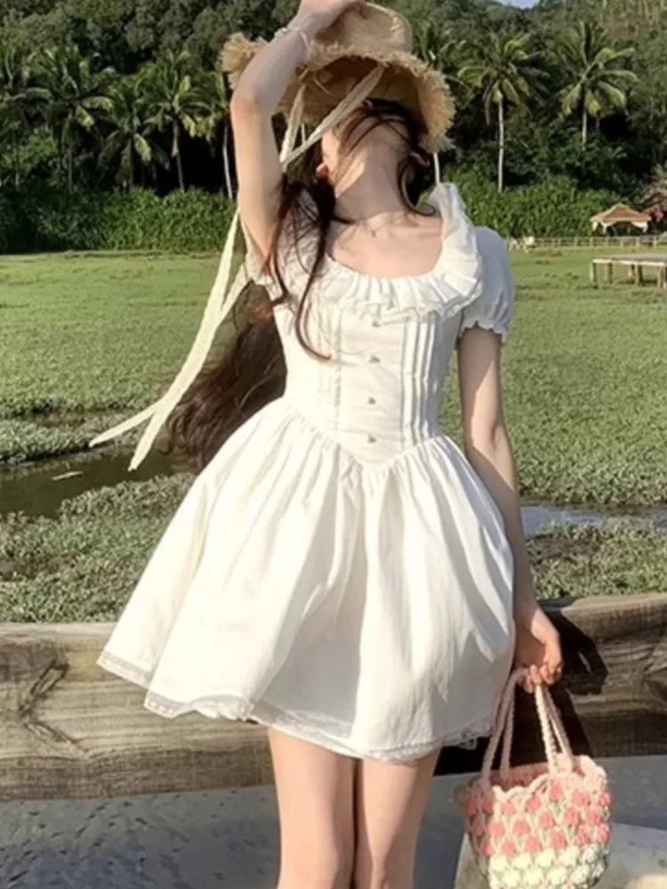 

Woman Casual Short Sleeve Princess White Dress Elegant Slim Waist Evening Party Mini Dresses 2024 Summer New Holiday Clothes