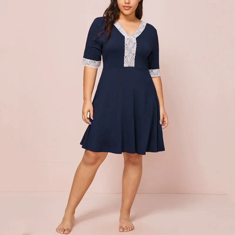 Plus Size Lace Panel Short Sleeve Summer Elegant A-line Dress V-neck Fit And Flare Casual Dress Large Size Beach Dress 7XL 8XL