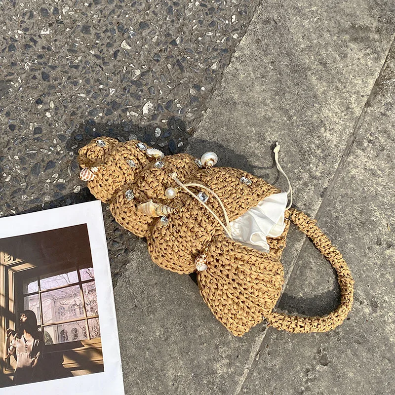 NEW diamond shell Shaped Straw Women Shoulder Bags Paper Woven Crossbody Bag Funnuy Cute Summer Beach Bag Small Female Purses