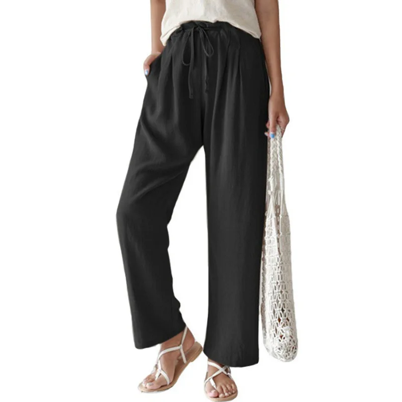 New Cotton and Linen Loose Casual Women's Pants Solid Color Elastic Waist Lace-up Straight Trousers