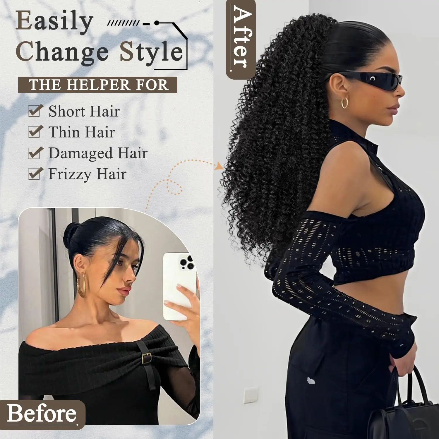 Synthetic 24inch Long Jerry Curly Wave Drawstring Ponytail Hair Extension Kinky Curly Heat Resistant Clip in For Women Girl