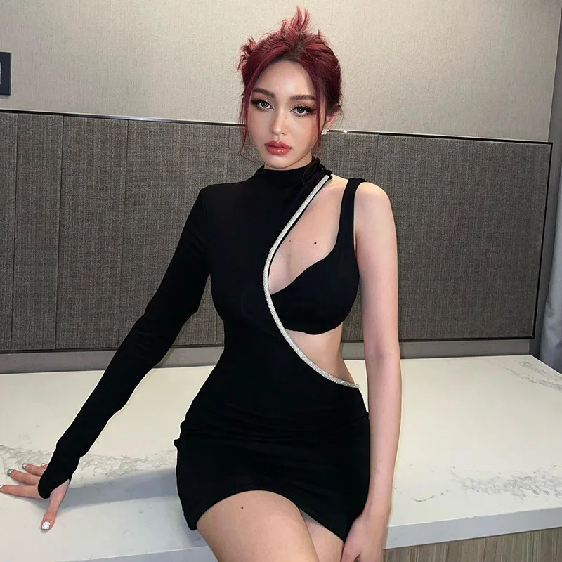 

Sexy One-Shoulder Hollowed-out Diamonds Dress Women's High-waisted Slim y2k Party Skirt Bodycon Dress Basic Black Summer Dress