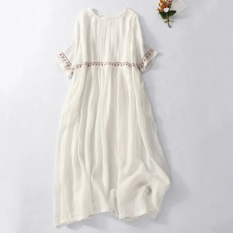 

Summer New Round Neck Vestidos Short Sleeved Cotton Hemp Women Dress Vintage Embroidered Ramie Large Hem Female Long Dresses