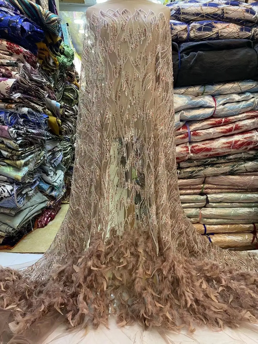 

Кружевной материал с французскими перьями, Высококачественная вышивка, тюль, сетчатая кружевная ткань с бусинами для нигерийского свадебного платья
