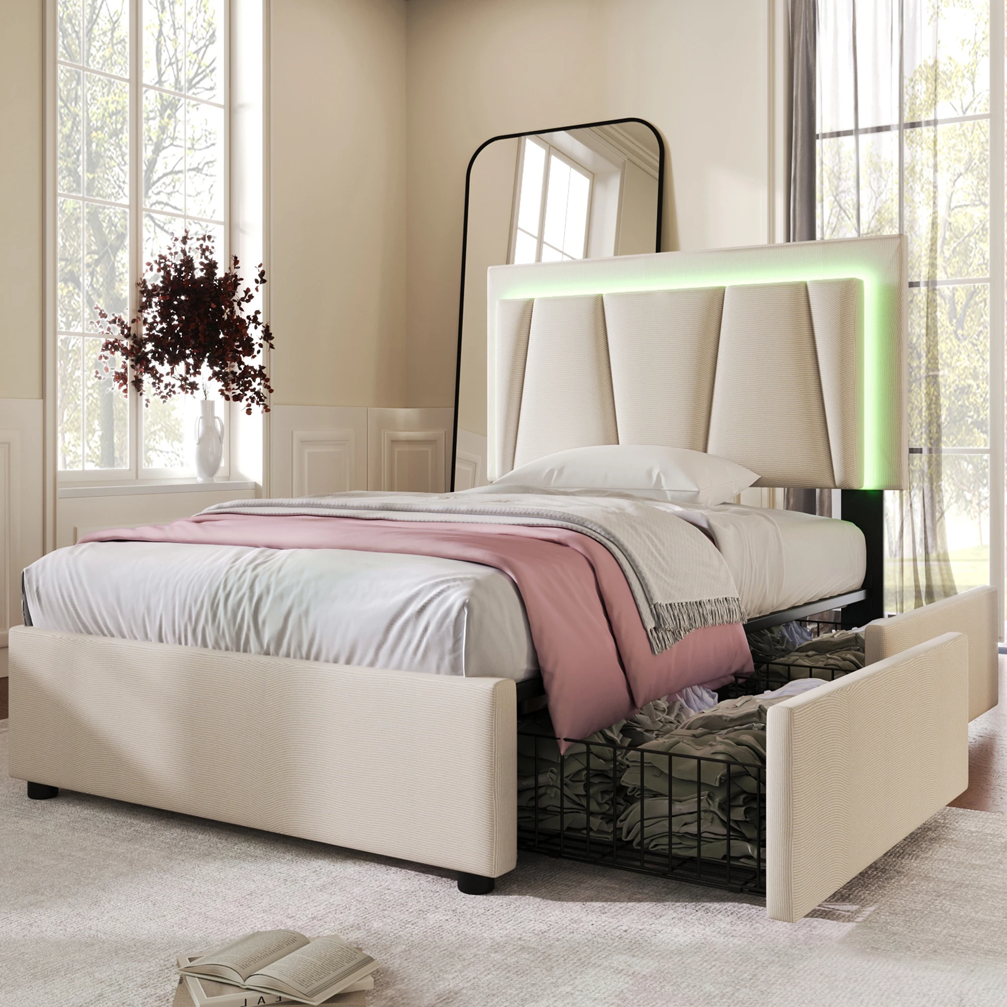 Gepolstertes Einzelbett 90x200cm mit LED-Beleuchtung, 2 Schubladen, verstellbarem Kopfteil, Holzlatten, beige (mit Matratze). – Detail 13
