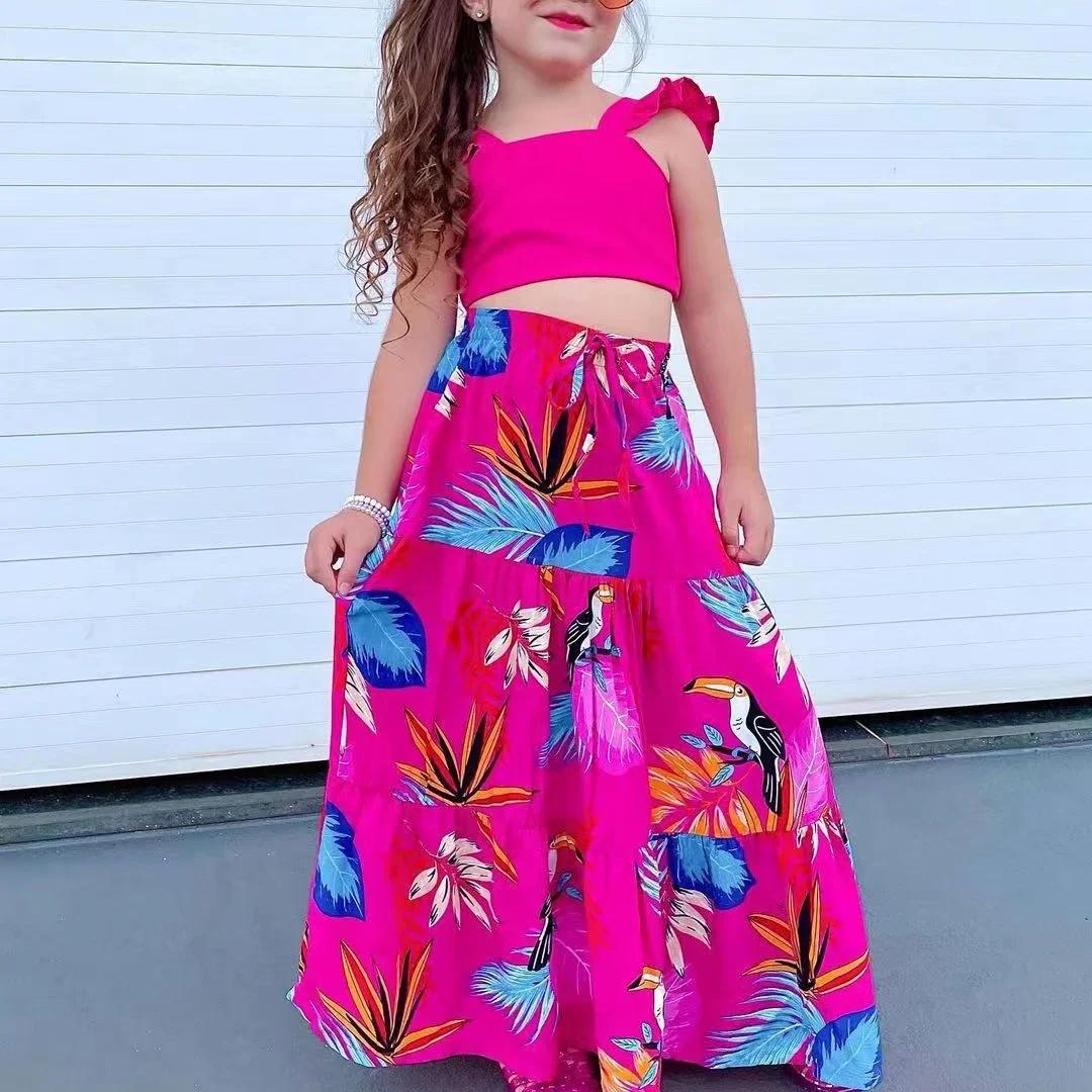 

New 2024 Summer Girls Clothes Sets Sleeveless Camisole Tops + Floral Print Long Skirt Children Casual Clothing For 2-7 Years