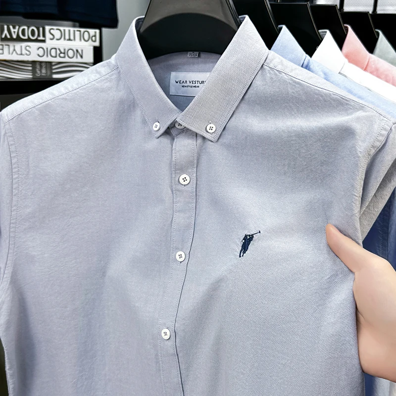Solid Color Cotton Embroidered Small Horse Logo Shirt, Men's Short Sleeved Casual Versatile High-end Spring and Autumn Shirt