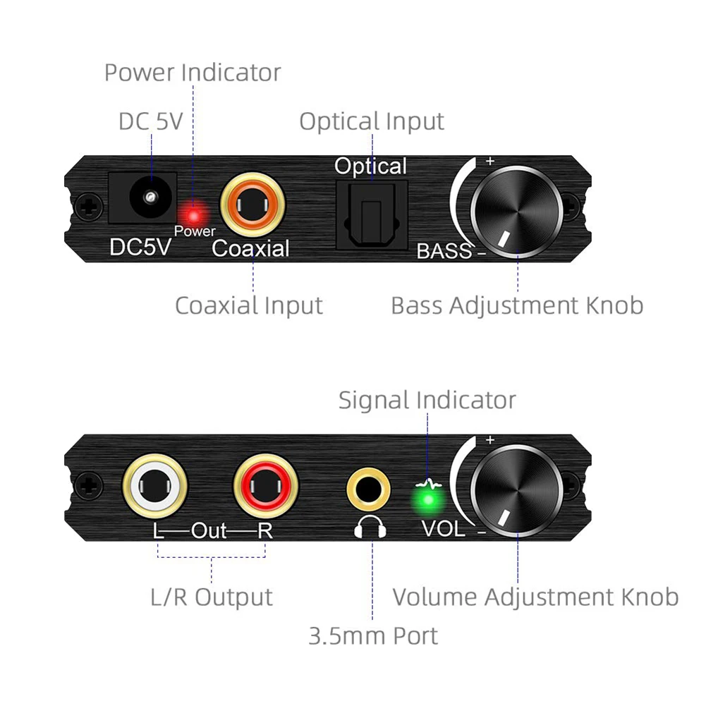 192KHz Digital to Analog Audio Converter with Bass and Volume Adjustment,Digital SPDIF/Optical/Coaxial to Analog Stereo