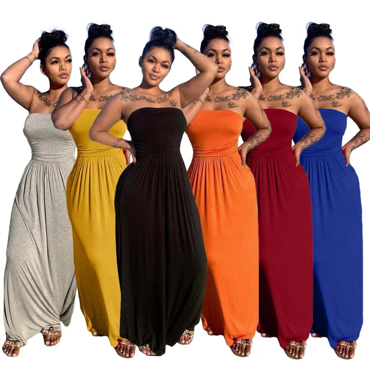 

VOLALO 2023 Women Casual Strapless High Waist Loose Hem Maxi Dress for Streetwear Beach Sexy Summer Floor Length Long Dresses