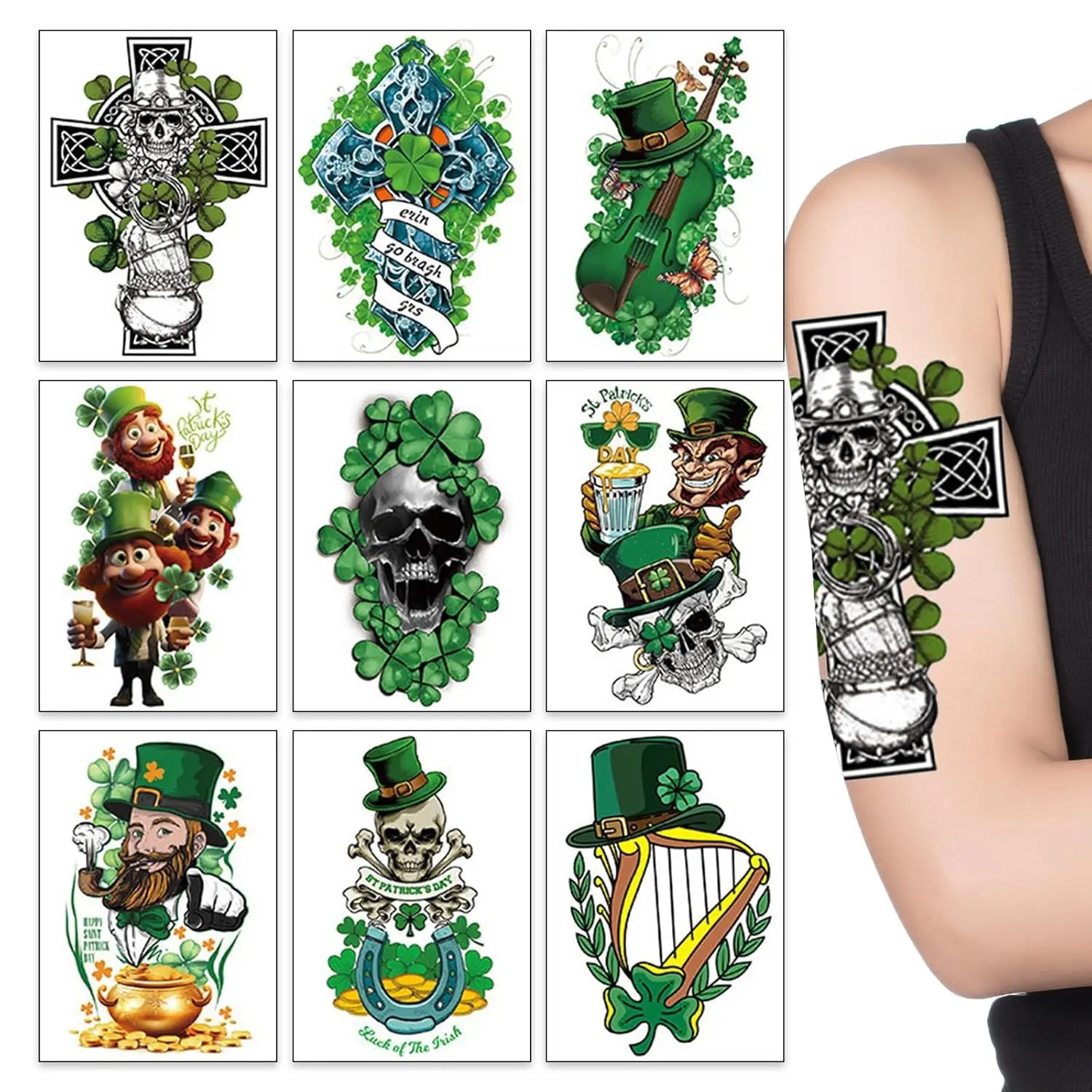 Large Half Arm Temporary Tattoos Skull Shamrock Waterproof Temporary Tattoo Sticker St. Patrick's Day Theme Party Supplies