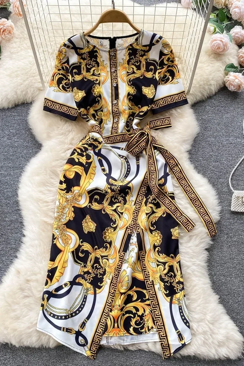 Neploe 2025 Summer Court Style Print Vestido Round Neck Long Sleeve Lace Waist Slim Robe High-end Temperament Package Hip Dress 6