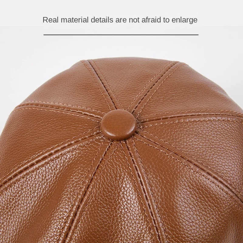 Cowhide Genuine Leather Retro Brown Men's Warm Cap - Spring/Winter Beret Style