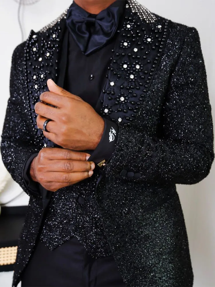 Spaekly Men Suits Tailor-Made 3 Pieces Blazer Vest Pants One Button Peaked Lapel PearlsBeaded Diamonds Business Wedding Tailored
