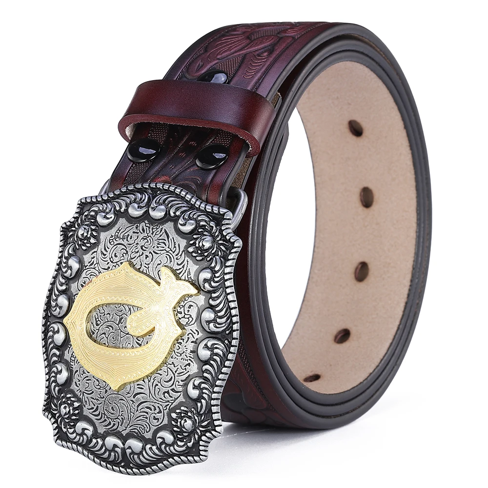 Western Belt Men Genuine Leather Belts for Men Women Cowboy Cowgirl Big Letters Buckle Gold Male Belts Long Black Brown Quality