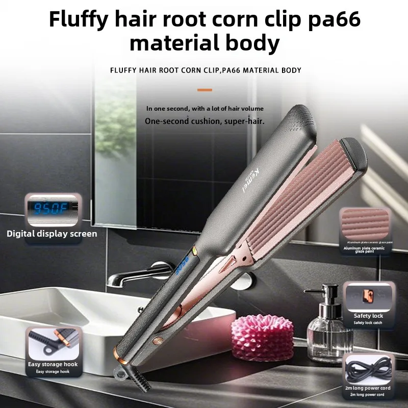 Kemei Hair Straightener & Curler &ndash; Aluminum Ceramic Coated Heating Plate, 6-Level Temperature Control, Crimping & Styling Tool