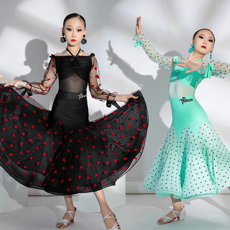 

2024 Ballroom Dance Competition Clothing For Girls Mesh Sleeved Big Swing Skirts Suit Waltz Chacha Modern Dance Dress DN17582