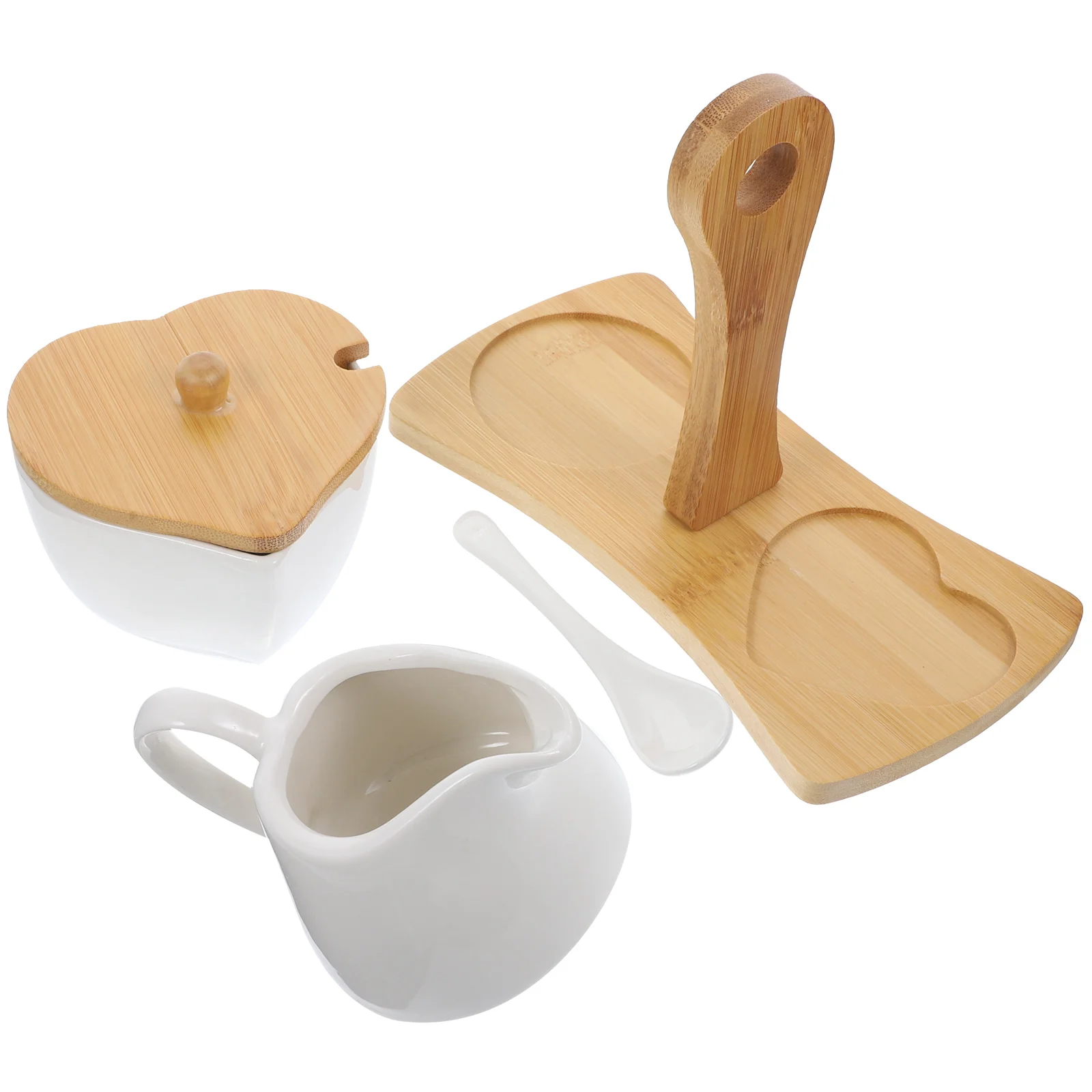 

Ceramic Sugar and Creamer Set Pitcher Sugar Bowl Sweetener Packet Holder Ceramic Tea/ Coffee Set with Wooden Stand Spoon
