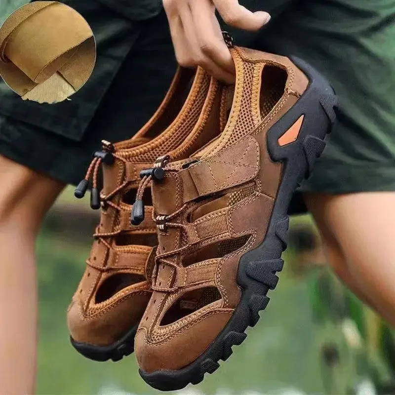 

Leather sandals, outdoor beach shoes, hollowed out summer toe wrap, collision resistant, breathable casual shoes