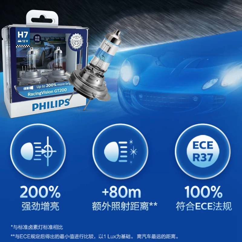 Philips H7 12V 55W Racing Vision GT200 Halogen Light Auto Headlight 200% Brighter Car Bulbs Genuine Original Lamp 12972RGTS2, 2x 4