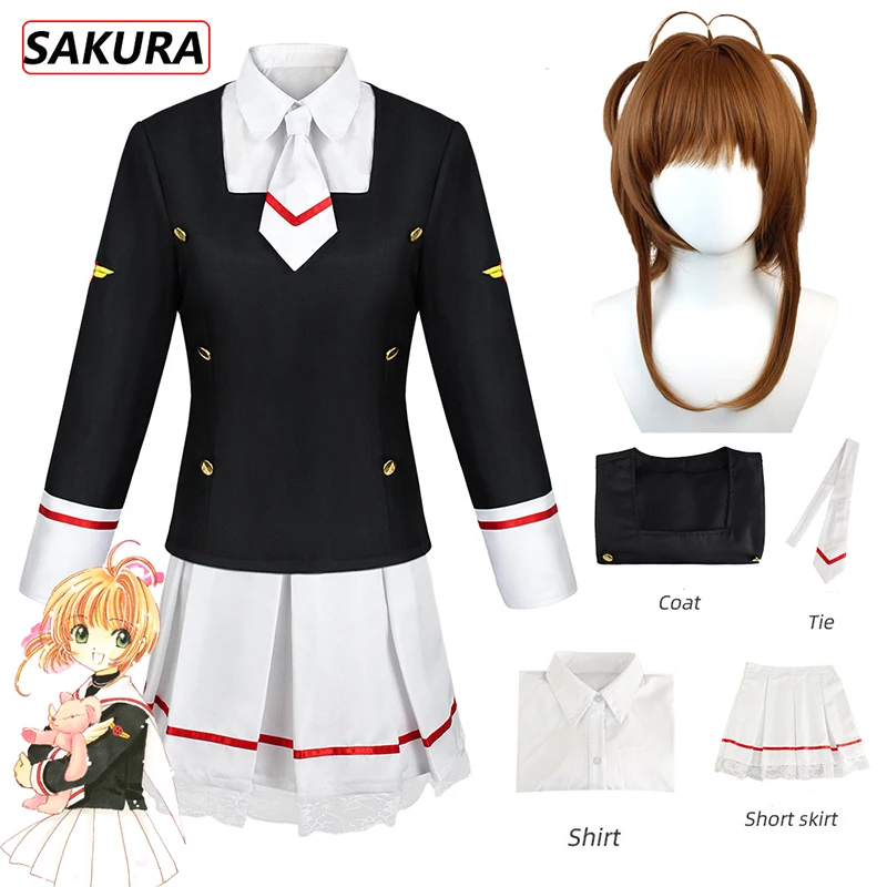 

Anime Card Captors Sakura KINOMOTO SAKURA Cosplay Costume Aldult Woman Cute Loli Sailor JK Uniform Skirts Shirt Tie Wig Suit